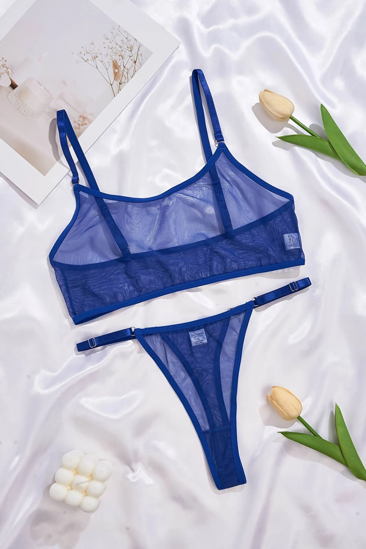 Mavi Transparan Tül Bralet Tanga İç Giyim Takımı