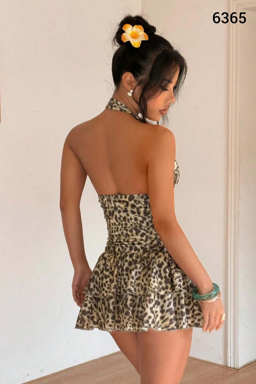 Leopar Desenli Drapeli Elbise