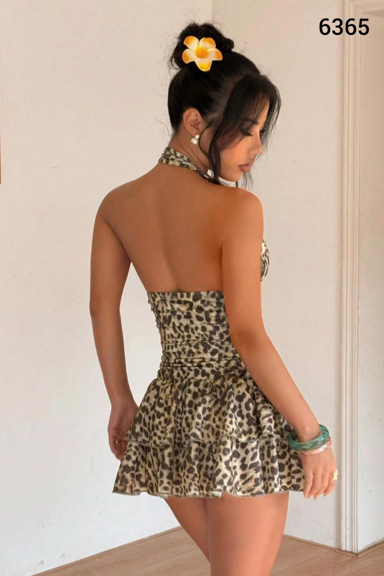 Leopar Desenli Drapeli Elbise