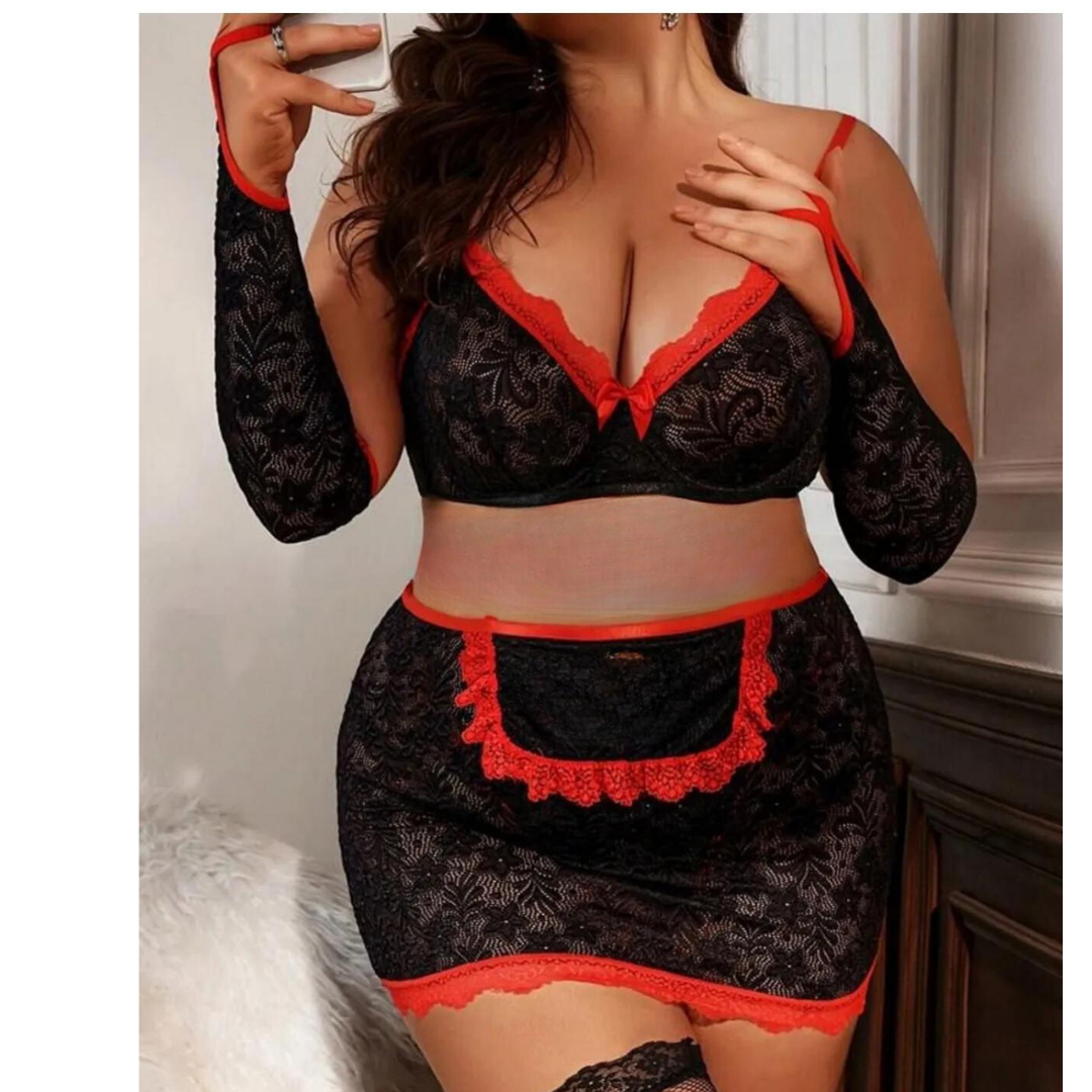 Büyük Beden Fantazi Seksi Dantel Babydol Fantezi Gecelik (Çorapsız) TG279233-B