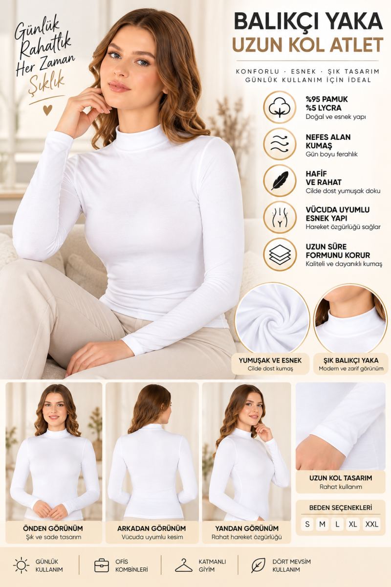 Kadın Balıkçı Yaka Uzun Kol Atlet Beyaz Esnek Kumaş, Vücuda Oturan Basic Body - ryl - 2612