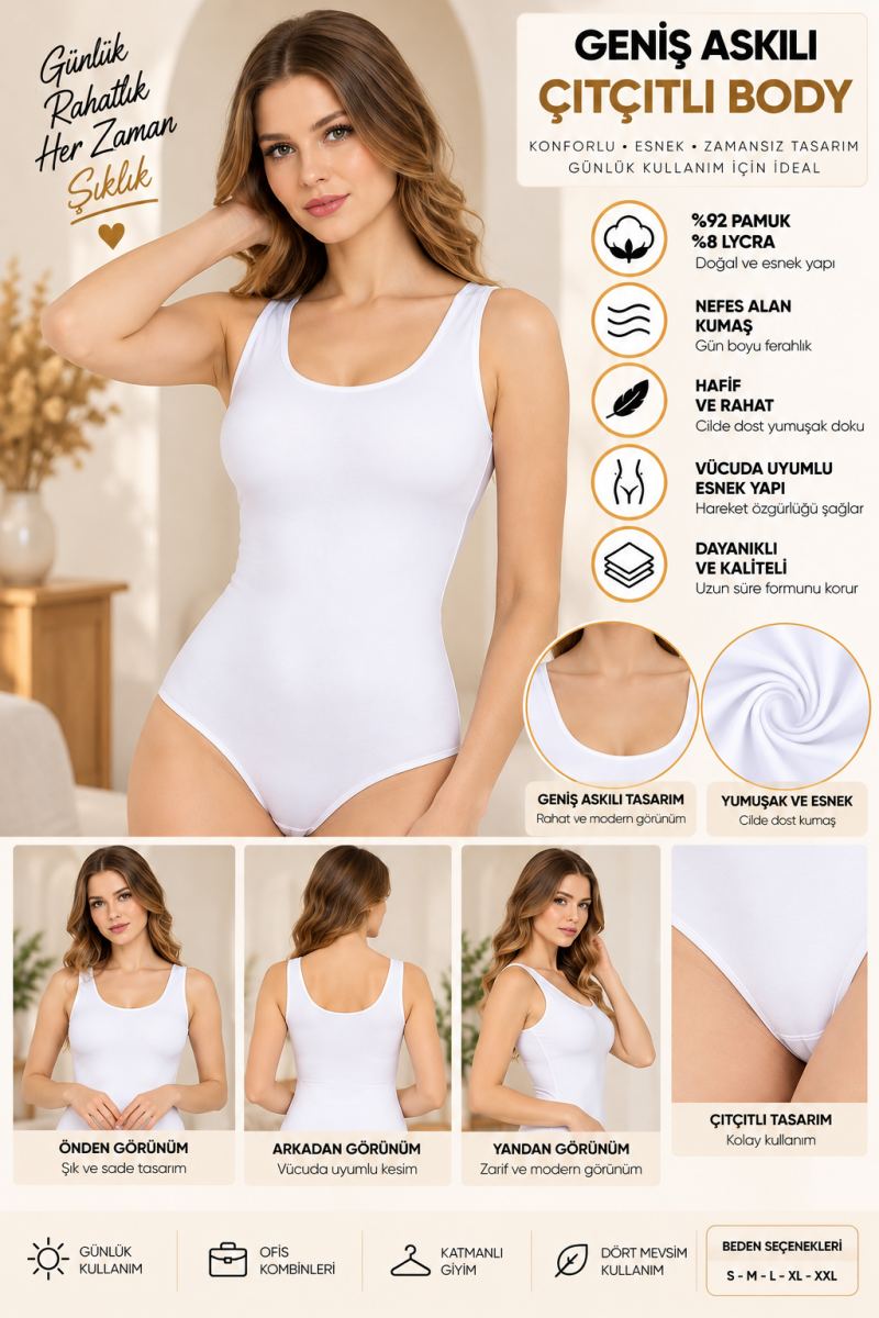 Kadın Geniş Askılı Çıtçıtlı Body Beyaz, Esnek Kumaş, Vücuda Oturan Basic Kadın Body - ryl - 2700