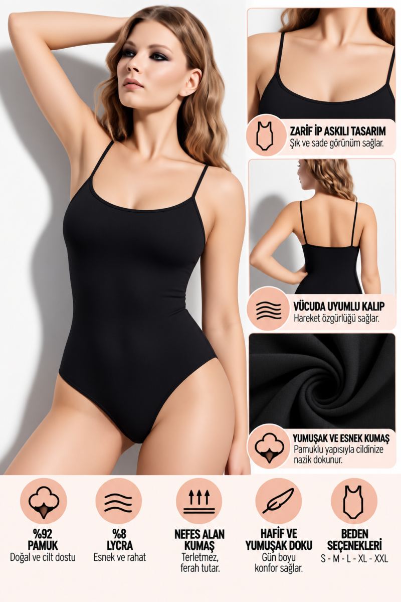 Kadın İp Askılı Çıtçıtlı Body Siyah Esnek ve Yumuşak Kumaş, Vücuda Uyumlu - ryl - 2600