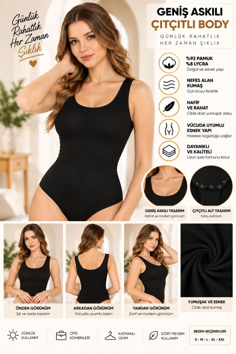 Kadın Geniş Askılı Çıtçıtlı Body Siyah, Esnek Kumaş, Vücuda Oturan Basic Kadın Body - ryl - 2701