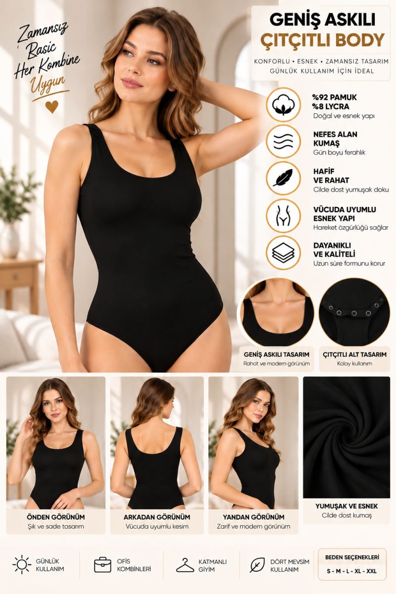 Kadın Geniş Askılı Çıtçıtlı Body Siyah, Esnek Kumaş, Vücuda Oturan Basic Kadın Body - ryl - 2701