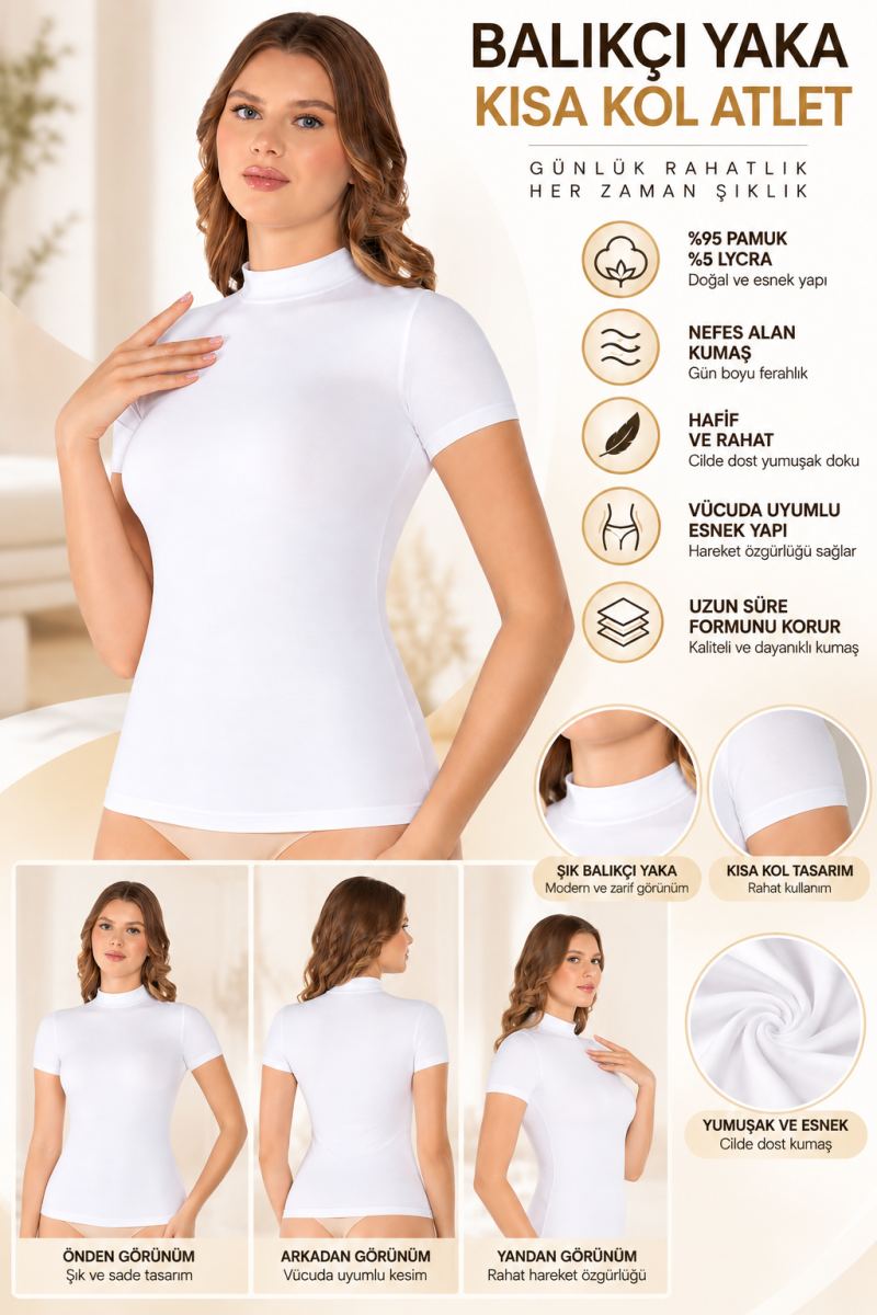 Kadın Balıkçı Yaka Kısa Kol Atlet Beyaz, Esnek Kumaş, Vücuda Oturan Basic Body - ryl - 2611