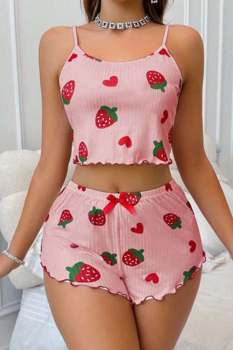 Çilek Desenli Crop Askılı Şort Yazlık Pijama Takımı
