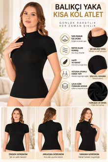 Kadın Balıkçı Yaka Kısa Kol Atlet Siyah, Esnek Kumaş, Vücuda Oturan Basic Body - ryl - 2611