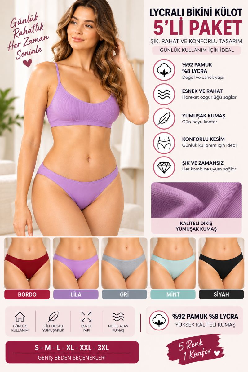 Kadın Likralı Bikini Külot 5'li Paket, Yumuşak Kumaş, Günlük Kadın İç Çamaşırı - ryl -500