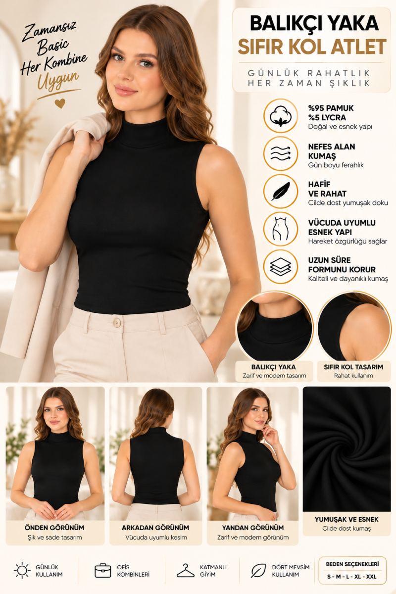 Kadın Balıkçı Yaka Sıfır Kol Atlet Siyah, Esnek Kumaş, Vücuda Oturan Basic Kolsuz Body - ryl - 2614
