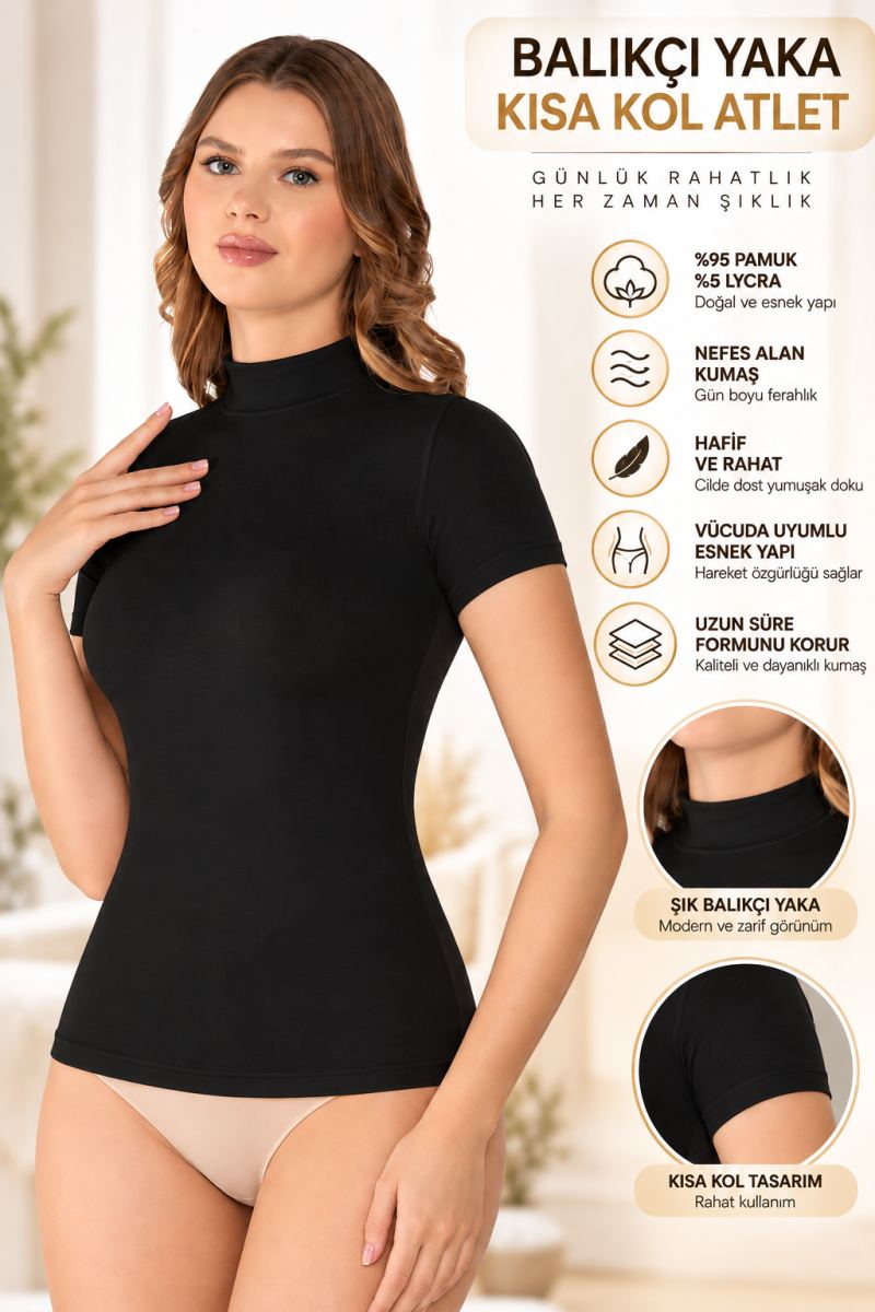 Kadın Balıkçı Yaka Kısa Kol Atlet Siyah, Esnek Kumaş, Vücuda Oturan Basic Body - ryl - 2611