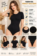 Kadın Yarım Kol Bisiklet Yaka Çıtçıtlı Body Siyah, Esnek Kumaş, Vücuda Oturan Basic Body - ryl - 2721