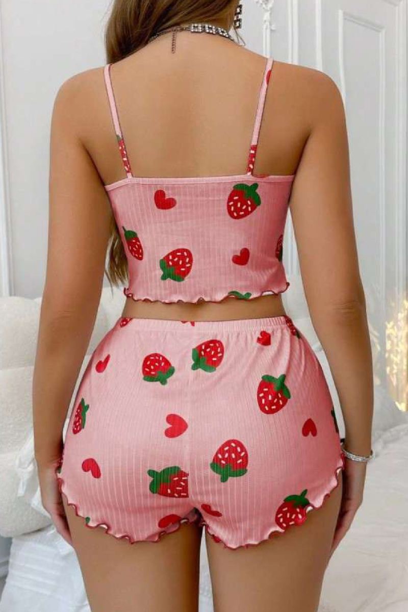 Çilek Desenli Crop Askılı Şort Yazlık Pijama Takımı