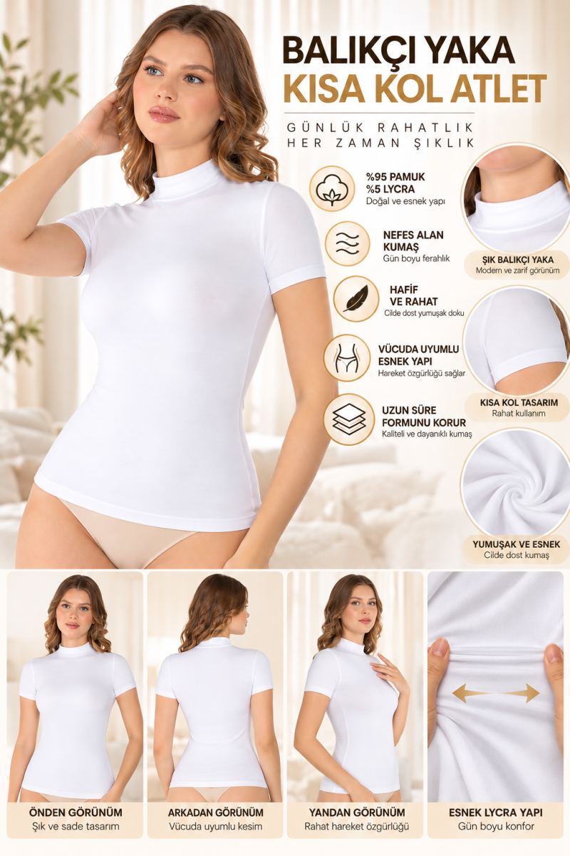Kadın Balıkçı Yaka Kısa Kol Atlet Beyaz, Esnek Kumaş, Vücuda Oturan Basic Body - ryl - 2611