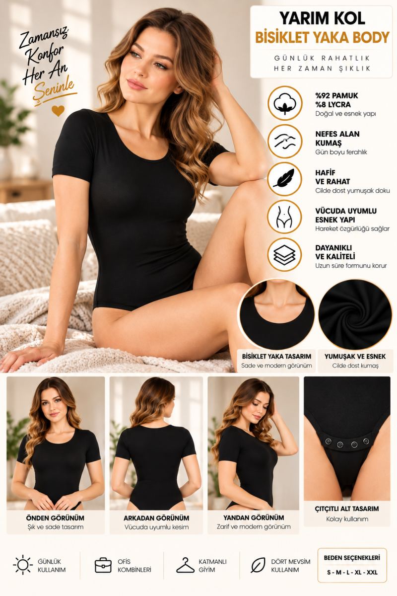 Kadın Yarım Kol Bisiklet Yaka Çıtçıtlı Body Siyah, Esnek Kumaş, Vücuda Oturan Basic Body - ryl - 2721