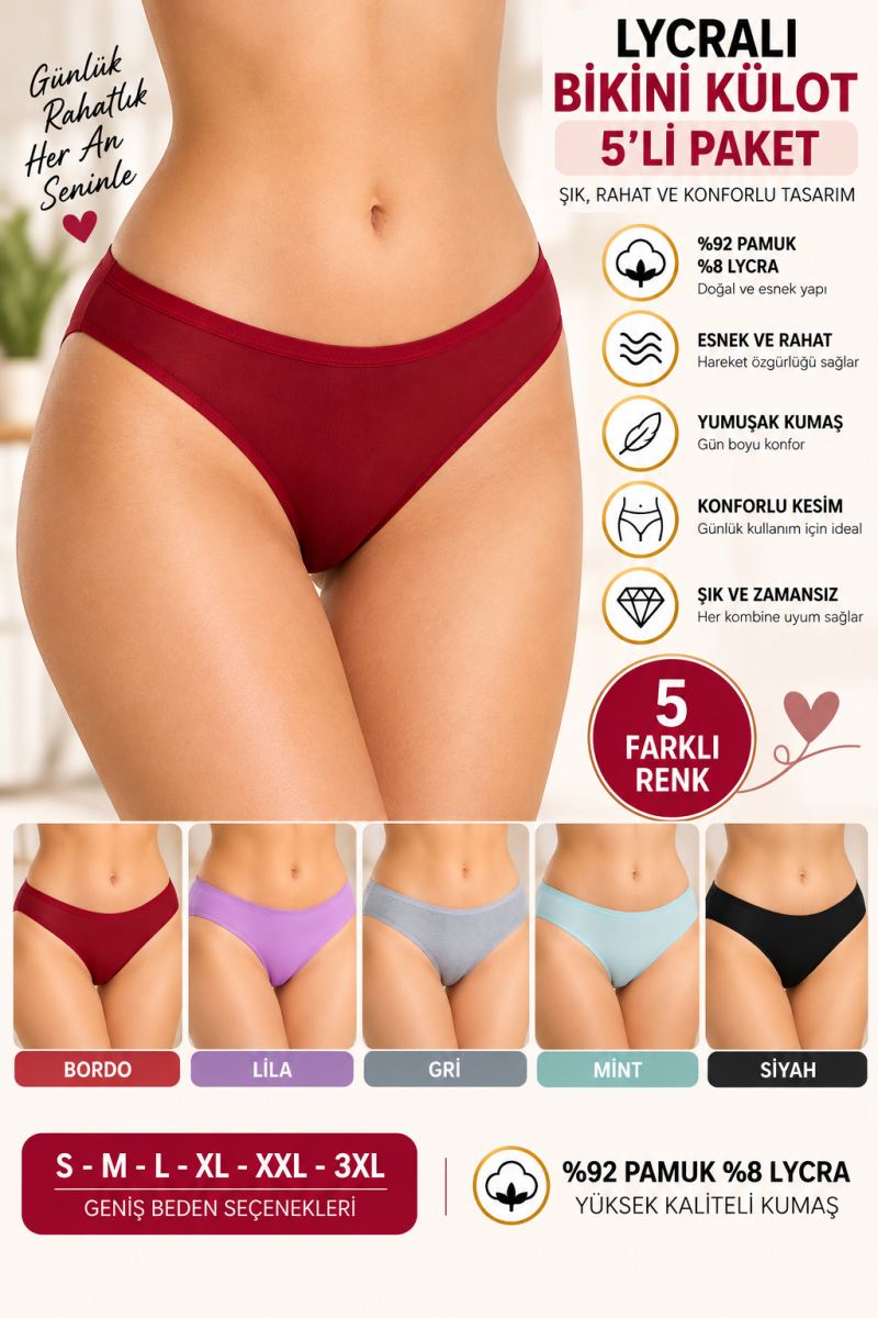 Kadın Likralı Bikini Külot 5'li Paket, Yumuşak Kumaş, Günlük Kadın İç Çamaşırı - ryl -500