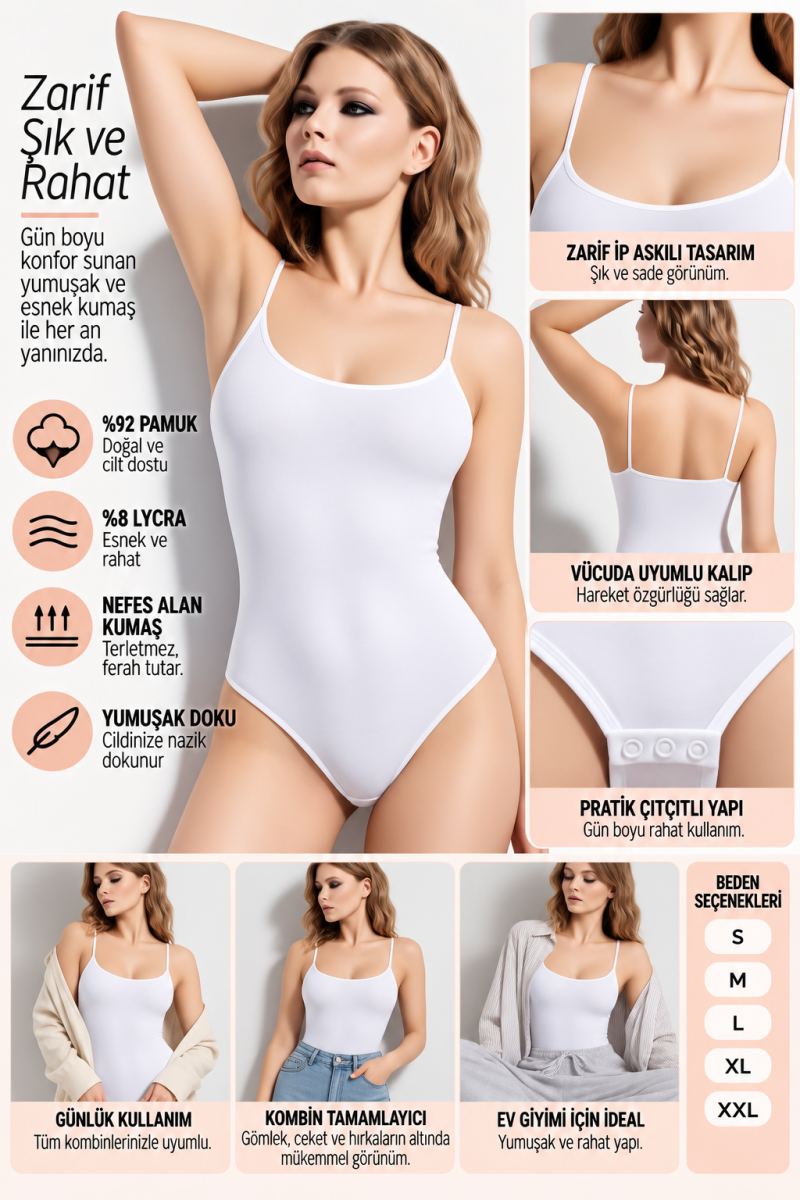 Kadın İp Askılı Çıtçıtlı Body Beyaz Esnek ve Yumuşak Kumaş, Vücuda Uyumlu - ryl - 2600