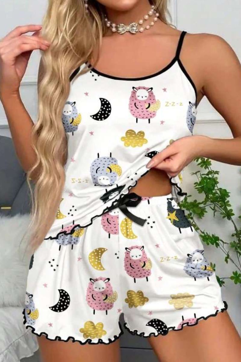 Kuzu Desenli Pembe İp Askılı Yazlık Şort Pijama Takımı