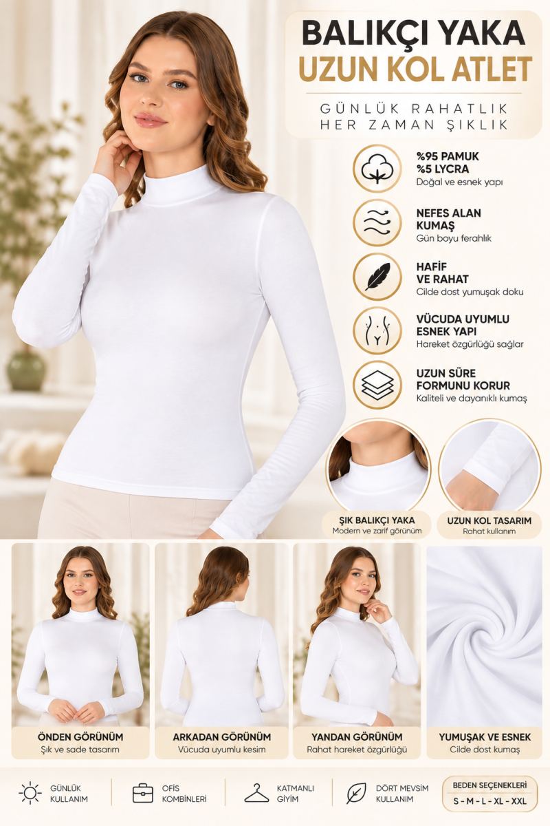 Kadın Balıkçı Yaka Uzun Kol Atlet Beyaz Esnek Kumaş, Vücuda Oturan Basic Body - ryl - 2612