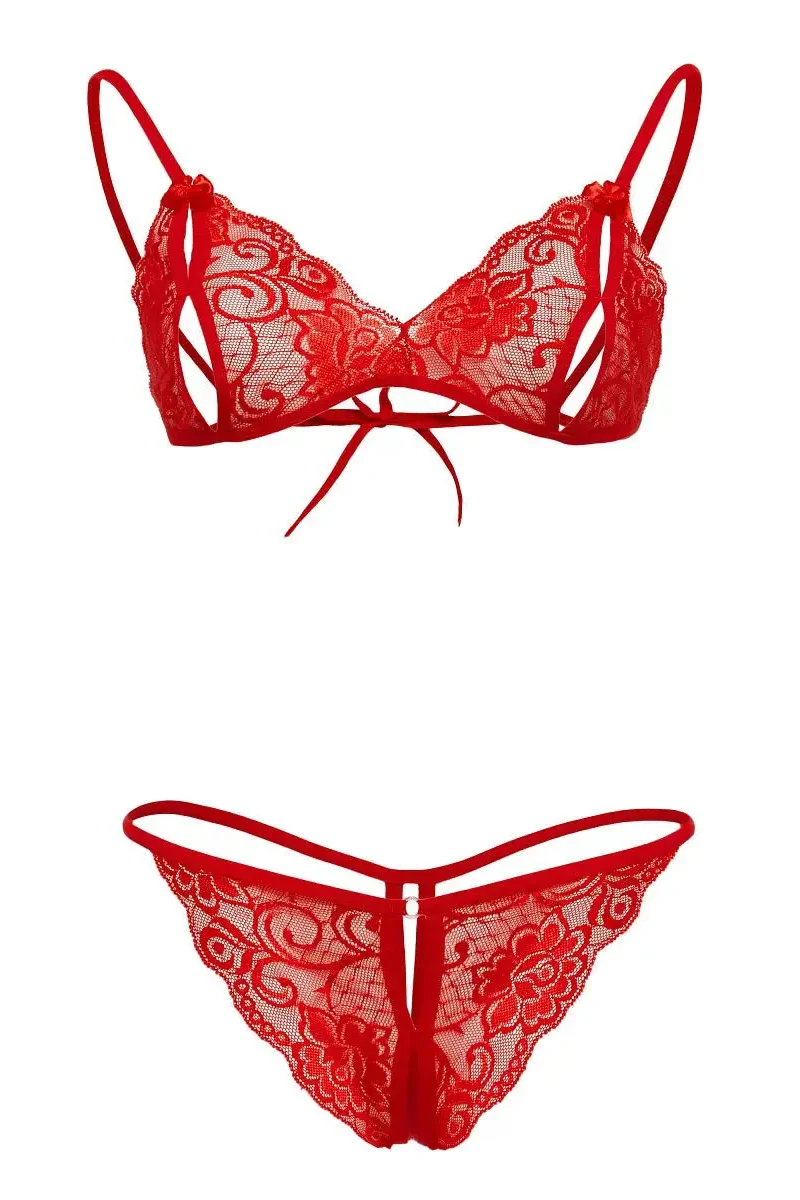Kırmızı Dantelli Fantazi Sütyen ve G-String Takım