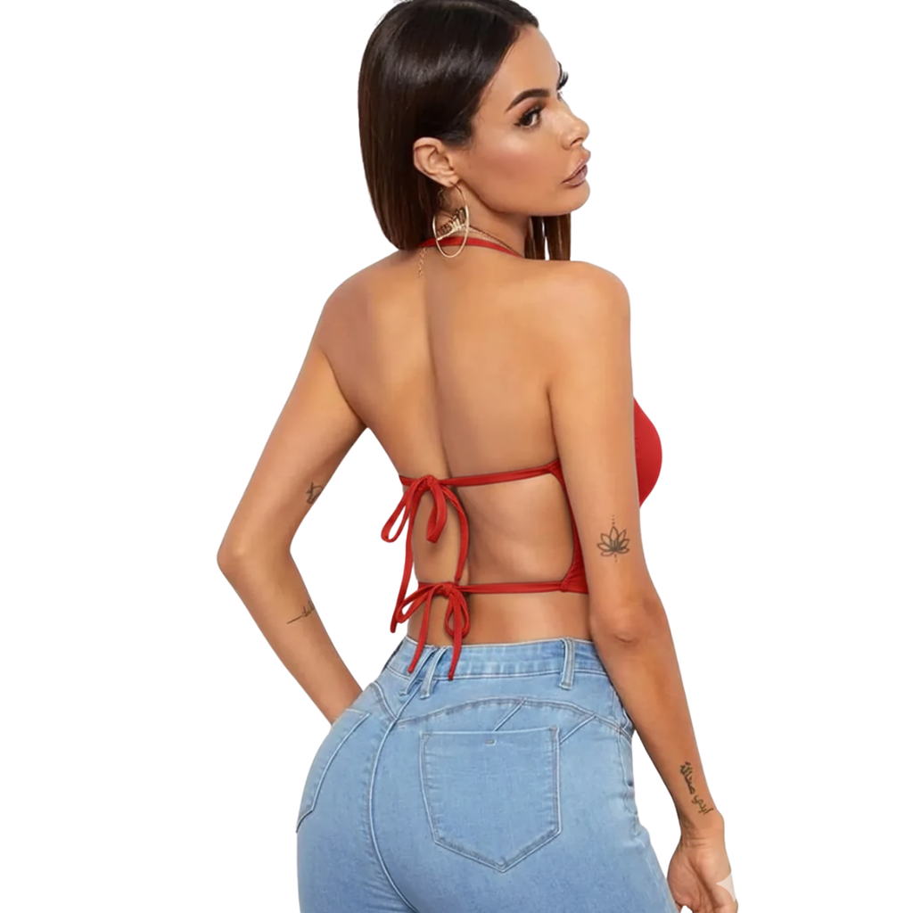 Kadın Sırtı Açık Kırmızı Belden Bağlamalı Crop Büstiyer TG275441-K